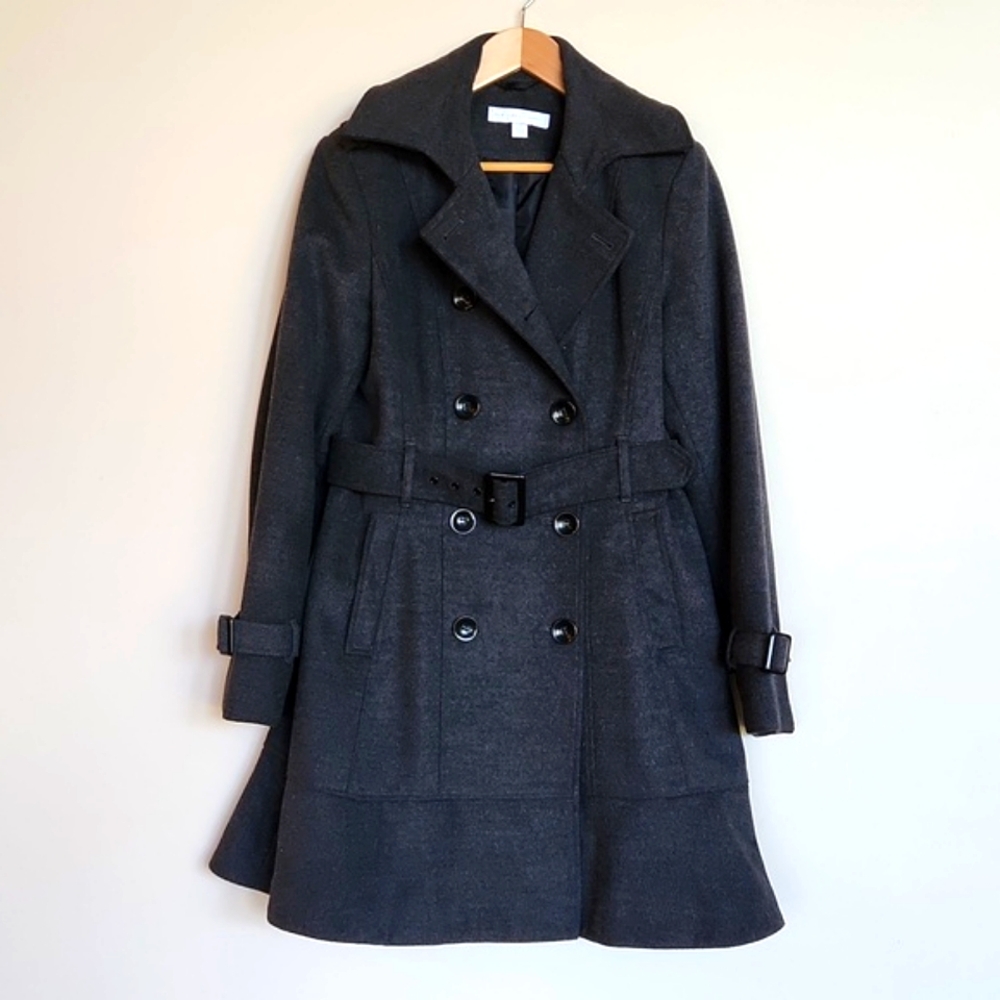New York & Co Pea Coat, Charcoal Gray, Size M, Belted, Button Up, Flared